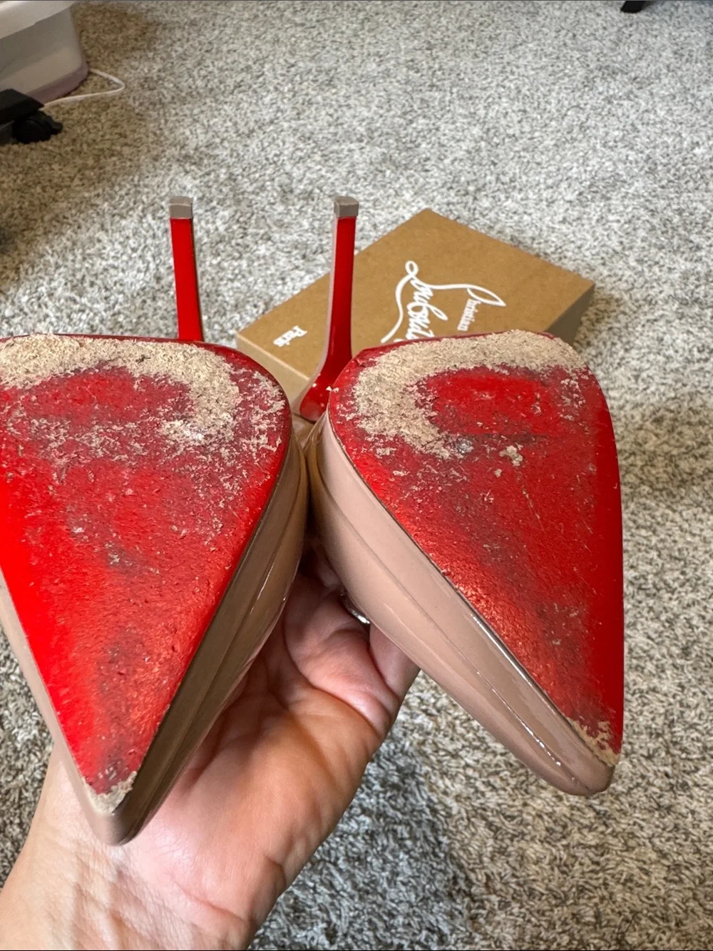 Christian Louboutin Nude Patent Leather Pointed-Toe Pumps with Red Soles